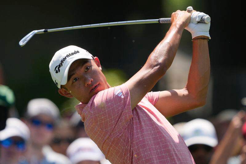 Collin Morikawa watches his tee shot on the ninth hole during the first round of the RBC Heritage golf tournament, Friday, April 19, 2024, in Hilton Head Island, S.C. (AP Photo/Chris Carlson)