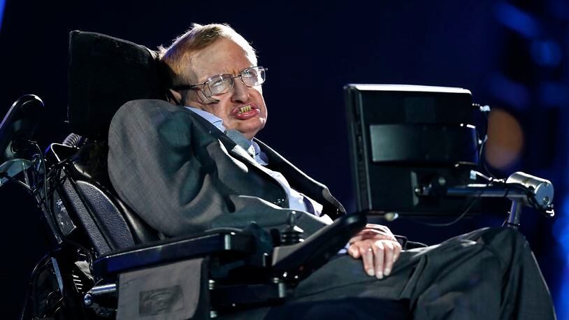 In this file photo dated Wednesday Aug. 29, 2012, British physicist Stephen Hawking speaks during the Opening Ceremony for the 2012 Paralympics in London on Aug. 29, 2012.