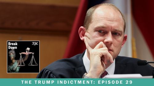 The latest episode of the AJC's "Breakdown" podcast sets up a key hearing in the Georgia election interference case presided by Fulton County Superior Judge Scott McAfee. The Thursday hearing will focus on the personal relationship between DA Fani Willis and special prosecutor Nathan Wade. (Alyssa Pointer/Pool via AP)