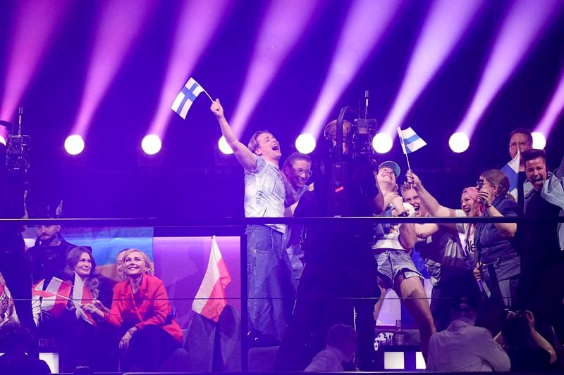 Windows95man of Finland celebrate qualifying for the grand final during the first semi-final at the Eurovision Song Contest in Malmo, Sweden, Tuesday, May 7, 2024. (AP Photo/Martin Meissner)