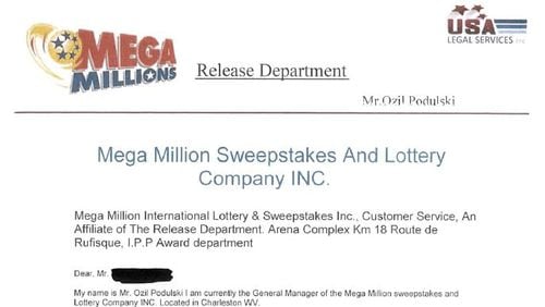 This is a portion of a fake letter being used in a Mega Millions Lottery scam. (Credit: FBI)