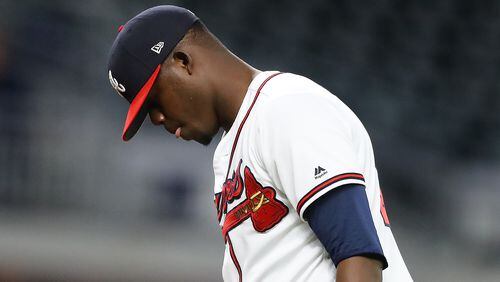 Braves pitcher Jose Ramirez reacts after giving up four runs to the Phillies during the 10th inning to fall 5-1 in a MLB baseball game on Tuesday, April 17, 2018, in Atlanta.  Curtis Compton/ccompton@ajc.com