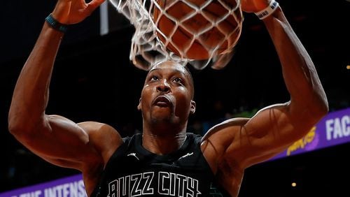 Dwight Howard #12 of the Charlotte Hornets dunks against the Atlanta Hawks at Philips Arena on January 31, 2018 in Atlanta, Georgia.  (Photo by Kevin C. Cox/Getty Images)