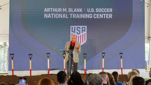 Arthur M. Blank gives a speech during the groundbreaking of the Arthur M. Blank U.S. Soccer National Training Center on Monday, April 8, 2024, in Atlanta, at State Farm Arena. (Atlanta Journal-Constitution/Jason Allen)