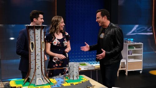 L-R: Winners Tyler and Amy with host Will Arnett in the season 1 finale of "Lego Masters" on Fox that aired April1 5, 2020. CR: Ray Mickshaw/FOX