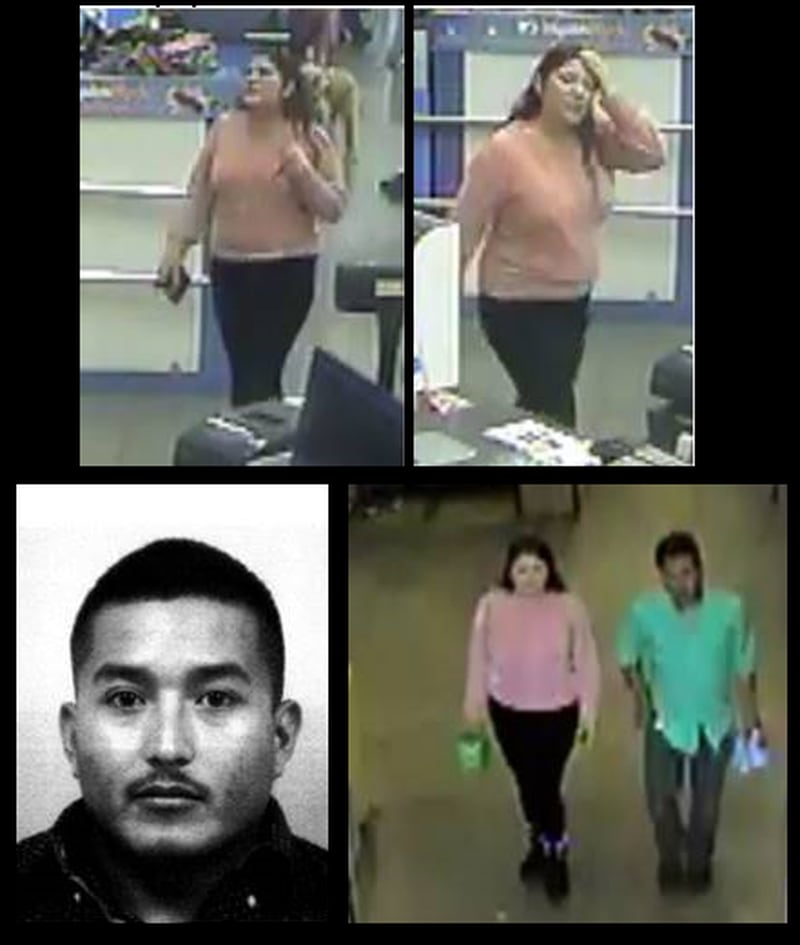 Police are looking for Eugenio Garcia-Aragon (bottom left) in connection with a woman (top photos, bottom right) who allegedly took photos of a child in a public restroom.