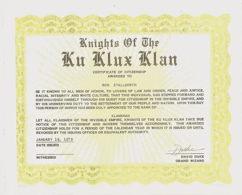 This is the KKK membership certificate issued in 1979 to Ron Stallworth, the black Colorado Springs police detective who infiltrated the Ku Klux Klan. The certificate is signed by David Duke.