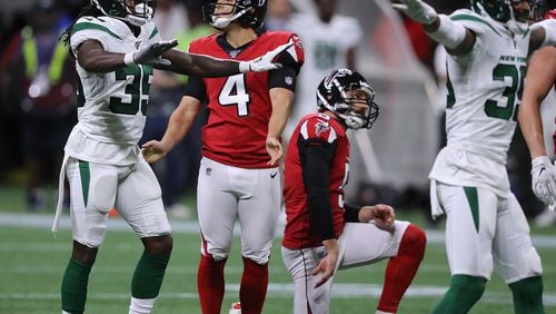 Falcons kicker Giorgio Tavecchio misses a field goal attempt against the New York Jets during the second half.   Curtis Compton/ccompton@ajc.com