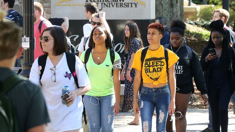 Kennesaw State University students walk to class on the Kennesaw campus.
