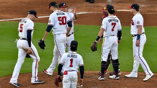10/12/21 - Atlanta - Atlanta Braves starting pitcher Charlie Morton (50) is pulled in the fourth inning of the  Major League Baseball playoff game between the Atlanta Braves and the Milwaukee Brewers.  Hyosub Shin / Hyosub.Shin@ajc.com 