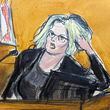 Stormy Daniels testifies in Manhattan criminal court, Tuesday, May 7, 2024, in New York, about the encounter in former President Donald Trump's hotel penthouse, showing how she found Trump in his bedroom lying on his bed. (Elizabeth Williams via AP)