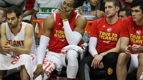 Hawks&#039; Dwight Howard, who did not play in the fourth quarter, sits on the bench in a 115-99 loss to the Washington Wizards in game 6 of a first-round NBA basketball playoff series on Friday, April 28, 2017, in Atlanta. Curtis Compton/ccompton@ajc.com