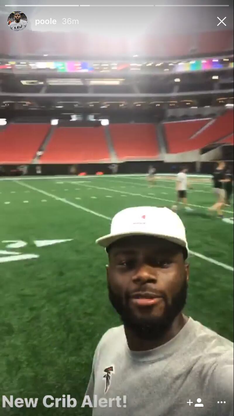 Atlanta Falcons cornerback Brian Poole posts a video on Instagram as the Falcons tour Mercedes-Benz Stadium on Friday, Aug. 25, 2017.