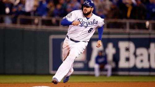 Mike Moustakas #8 of the Kansas City Royals rounds the bases in the eighth inning against the New York Mets in Game Two of the 2015 World Series at Kauffman Stadium on October 28, 2015 in Kansas City, Missouri. (Photo by Christian Petersen/Getty Images)