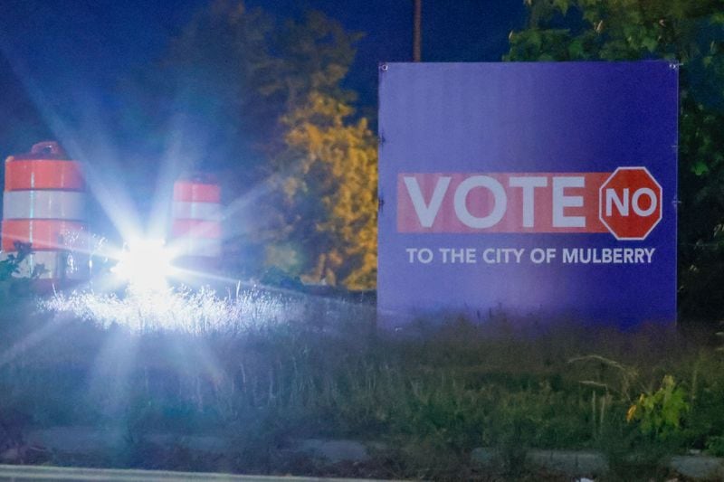 A sign located at the intersection of Pine Road and Braselton Highway in Gwinnett reflects the sentiment of some residents who are against the proposed City of Mulberry in Gwinnett. Monday, April 22, 2024.
(Miguel Martinez / AJC)