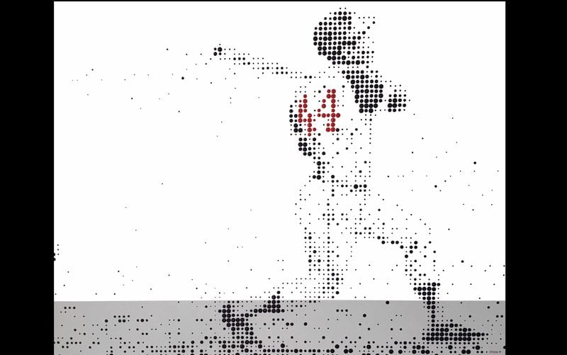 SPOON, a minimalist and pointillism artist based in Atlanta, will have three large-format paintings, including this one of Hank Aaron’s 715th home run, displayed in the INFINITI Club Corridor.