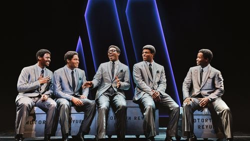 From left, Marcus Paul James, Jalen Harris, Elijah Ahmad Lewis, Harrell Holmes Jr. and James T. Lane play the Temptations in “Ain’t Too Proud” at the Fox Theatre. 
Courtesy of Emilio Madrid.