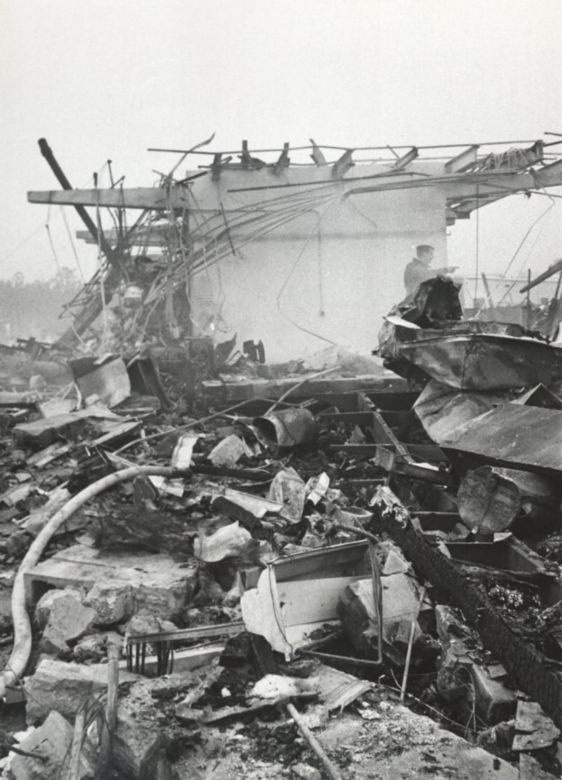 Crews search through the rubble of building M132 at the Thiokol Chemical plant in Woodbine, Georgia, following an explosion that killed 30 people on Feb. 3, 1971.