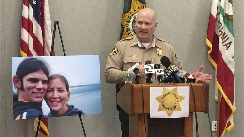 Sonoma County Sheriff Steve Freitas announces the arrest in 2017 of Shaun Gallon in the slayings of Jason Allen and Lindsay Cutshall, pictured at left, as the couple slept on a beach near Jenner in July 2004. Gallon, 40, has been sentenced to life.
