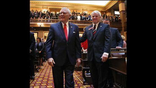 Jan. 13, 2016 - Atlanta - House Majority Leader Jon Burns meets Gov. Deal as he makes his way up the center aisle for the State of the State address. BOB ANDRES / BANDRES@AJC.COM