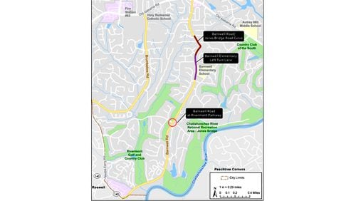 Map depicts Barnwell Road in Johns Creek where the City Council authorized spending $247,900 to start planning three projects. CITY OF JOHNS CREEK