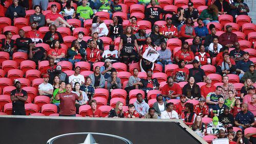 There are plenty of empty seats in Mercedes-Benz Stadium as Atlanta Falcons fans watch their team fall to 1-7 with a loss to the Seattle Seahawks in an NFL football game on Sunday, October 27, 2019, in Atlanta. Curtis Compton/ccompton@ajc.com