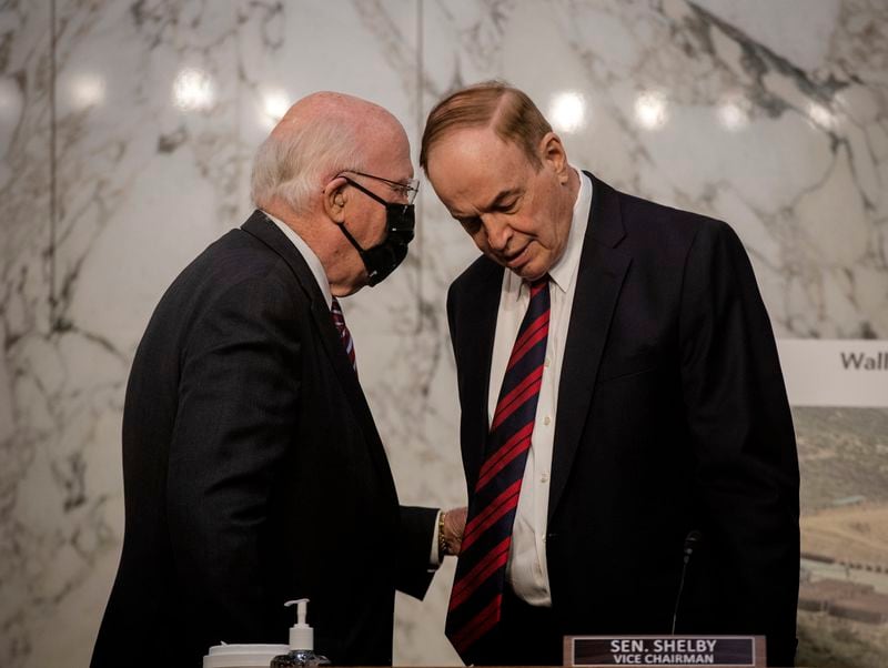U.S. Senate Appropriations Committee Chairman Patrick J. Leahy (D-Vt.), left, talks with Sen. Richard C. Shelby (R-Ala.), the vice chairman. The two congressmen, who are retiring soon, wrote the $1.7 trillion spending bill that lawmakers must pass before Friday night to avert a government shutdown. (Bill O'Leary/The Washington Post)
