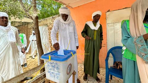 Chadians vote in N'djamena, Chad, Monday, May 6, 2024. Voters in Chad headed to the polls on Monday to cast their ballot in a long delayed presidential election that is set to end three years of military rule under interim president, Mahamat Deby Itno. (AP Photo/Mouta)