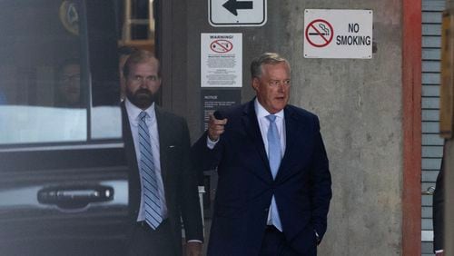 Former White House Chief of Staff Mark Meadows walks out of the Richard B. Russell Federal Courthouse after his hearing to move the Georgia Rico case to Federal Court on August 28, 2023 in Atlanta. (Michael Blackshire/Michael.blackshire@ajc.com)