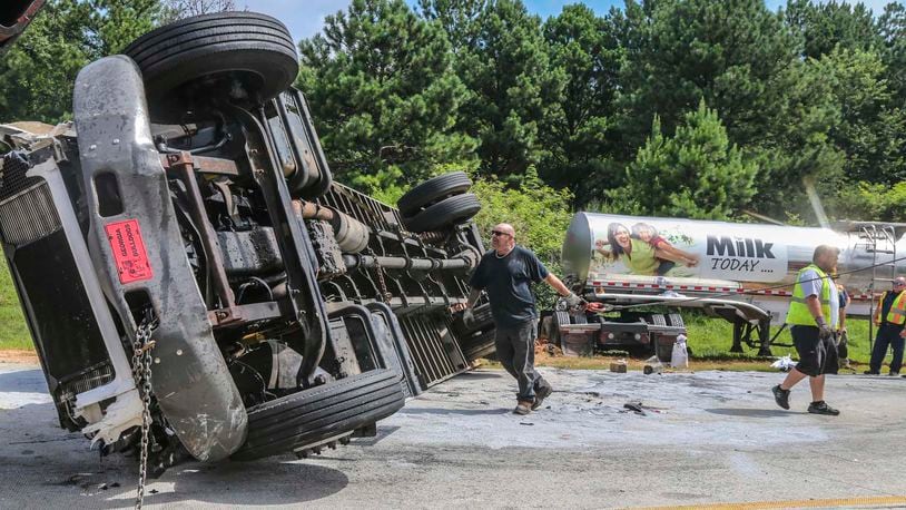 Ga. 316 westbound lanes were shut down near Harbins Road in Gwinnett County after a crash involving multiple trucks and cars on Wednesday, July 12, 2017. JOHN SPINK/JSPINK@AJC.COM.