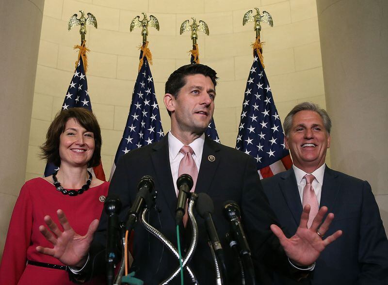WASHINGTON, DC - OCTOBER 28: Rep. Paul Ryan (R-WI) (C) speaks to the media while flanked by House Majority Leader Kevin McCarthy (R-CA) and Chairman of the House Republican Conference Rep. Cathy McMorris Rodgers (R-WA) after House Republicans nominated him to be the next Speaker of the House at the US Capitol October 28, 2015 in Washington, DC. Ryan will replace outgoing House Speaker John Boehner. (Photo by Mark Wilson/Getty Images) *** BESTPIX ***