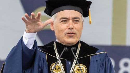 Counting his deferred compensation, Georgia Tech President Angel Cabrera will be paid the most next fiscal year of all the state's public college and university presidents. He spoke at Tech's commencement ceremony on May 6, 2023. (Steve Schaefer/steve.schaefer@ajc.com)