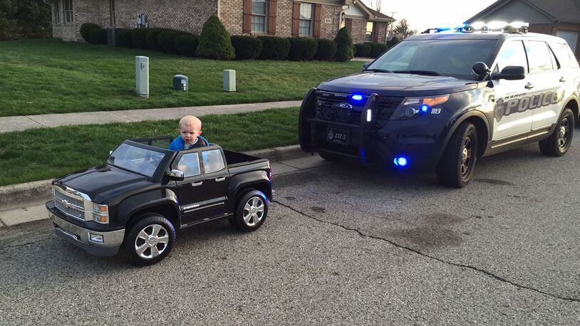 Officer Brian Blackaby, a Xenia patrolman, said he was in the area of Hollywood Boulevard when he spotted 1-year-old Braydon in his model Chevrolet Silverado, Friday, March 25, 2016. (Xenia Police Division)