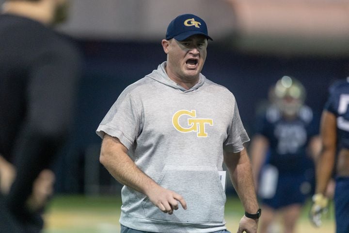 Assistant head coach Brent Key coaches during the first day of spring practice for Georgia Tech football at Alexander Rose Bowl Field in Atlanta, GA., on Thursday, February 24, 2022. (Photo Jenn Finch)