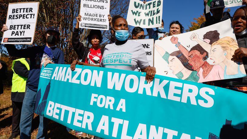 Workers from Amazon’s East Point warehouse (ATL6) and their allies announced the filing of multiple unfair labor practice charges at their facility in East Point on Wednesday, October 19, 2022. (Arvin Temkar / arvin.temkar@ajc.com)