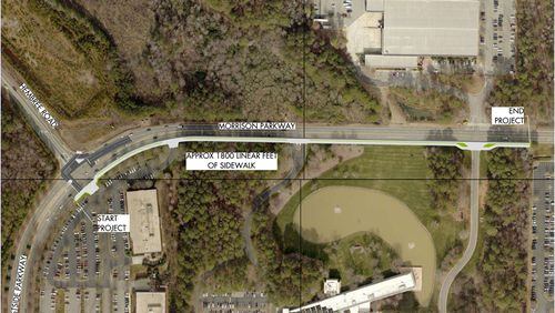 Plan depicts the 1,700-foot-long sidewalk to be constructed on the south side of Morrison Parkway in Alpharetta. CITY OF ALPHARETTA