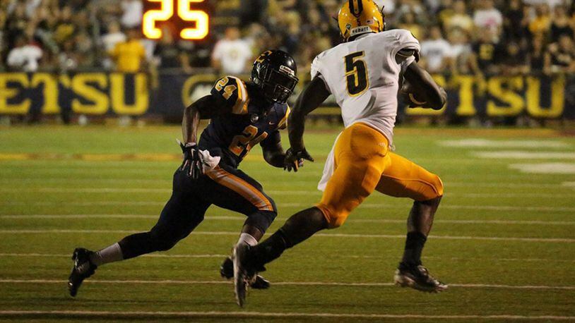 ETSU's Alonzo Francois chases down Kennesaw State's Prentice Stone.