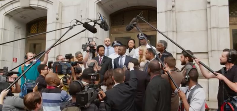 "Barbershop 3" filmed a scene outside the Fulton County Courthouse. Photo: Warner Bros.