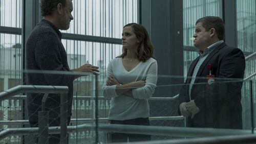 Tom Hanks (from left), Patton Oswalt and Emma Watson in “The Circle.” (Francois Duhamel/STX Entertainment)