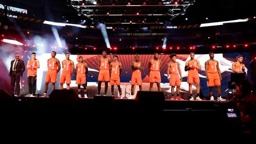 Trae Young (far right) of the Hawks and the rest of the U.S. team are introduced at the NBA Rising Stars basketball game in Chicago, Friday, Feb. 14, 2020. (AP Photo/Nam Y. Huh)