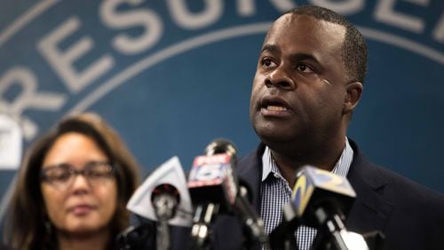 Atlanta Mayor Kasim Reed speaks to reporters Sept. 10, 2017. Reed said Wednesday an erroneous tweet sent from a city council account was a "political stunt." (BRANDEN CAMP/SPECIAL)