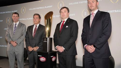 The head coaches of the four teams in the College Football Playoff -- (left to right) Clemson’s Dabo Swinney, Alabama’s Nick Saban, Georgia’s Kirby Smart and Oklahoma’s Lincoln Riley -- were in Atlanta on Thursday.