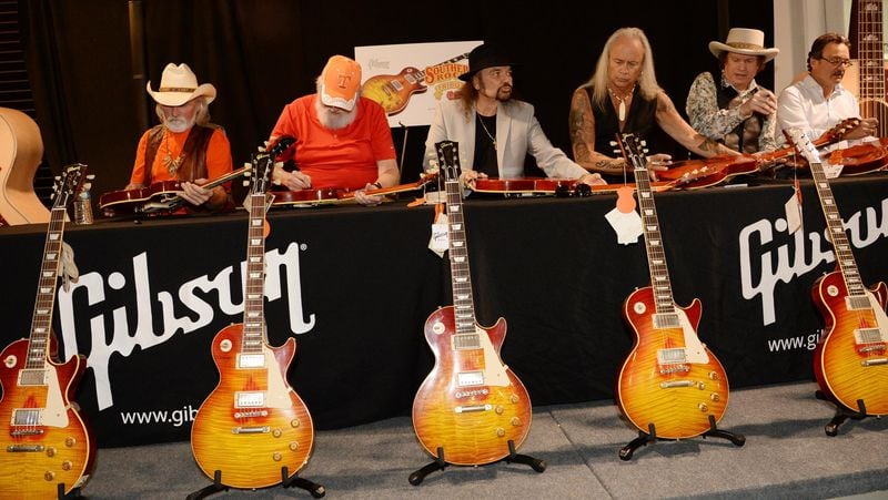 Recording Artists Dickey Betts, Charlie Daniels, Gary Rossington, Rickey Medlocke and Jimmy Hall at the press conference for the Gibson Custom Southern Rock tribute 1959 Les Paul at the Gibson Guitar Factory on May 19, 2014 in Nashville, Tennessee.