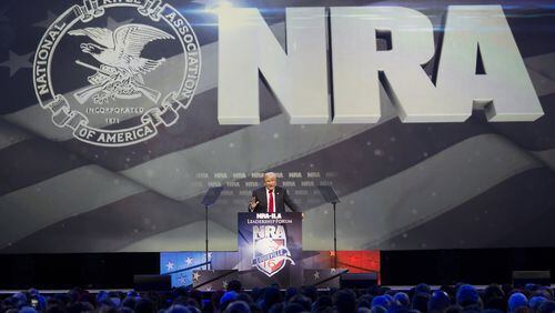 Donald Trump speaks at the annual National Rifle Association convention in Louisville, Ky. in 2016. The group is meeting in Atlanta this weekend. (TY WRIGHT/THE NEW YORK TIMES)