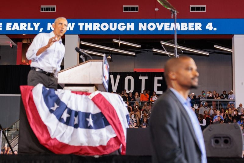 Former President Barack Obama, shown campaigning for Democrats in metro Atlanta in October, pointed out then that Republican U.S. Senate candidate Herschel Walker never “displayed any kind of inclination toward public service” before former President Donald Trump prodded him to run. “Seems to me he’s a celebrity who wants to be a politician,” Obama said, "and we’ve seen how that goes.” (Arvin Temkar / arvin.temkar@ajc.com)