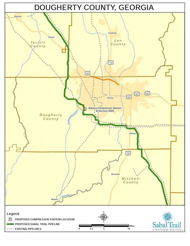 Map of Sabal Trail pipeline and compressor station in Dougherty County. CONTRIBUTED BY SABAL TRAIL TRANSMISSION