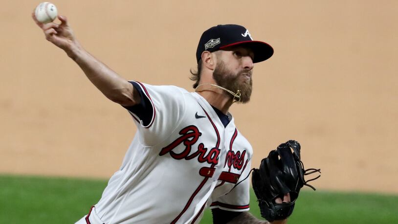 Oct. 15, 2020 - Arlington - Atlanta Braves relief pitcher Shane Greene delivers against the Los Angeles Dodgers during the ninth inning in Game 4 Thursday, Oct. 15, 2020, for the best-of-seven National League Championship Series at Globe Life Field in Arlington, Texas. The Braves won 10-2. (Curtis Compton / Curtis.Compton@ajc.com)