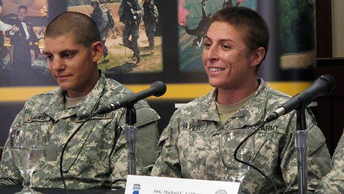 U.S. Army Army 1st Lt. Shaye Haver, right, and Army Capt. Kristen Griest are the first two women to complete the notoriously grueling Ranger course at Ft. Benning, Ga.  (AP Photo/Russ Bynum)