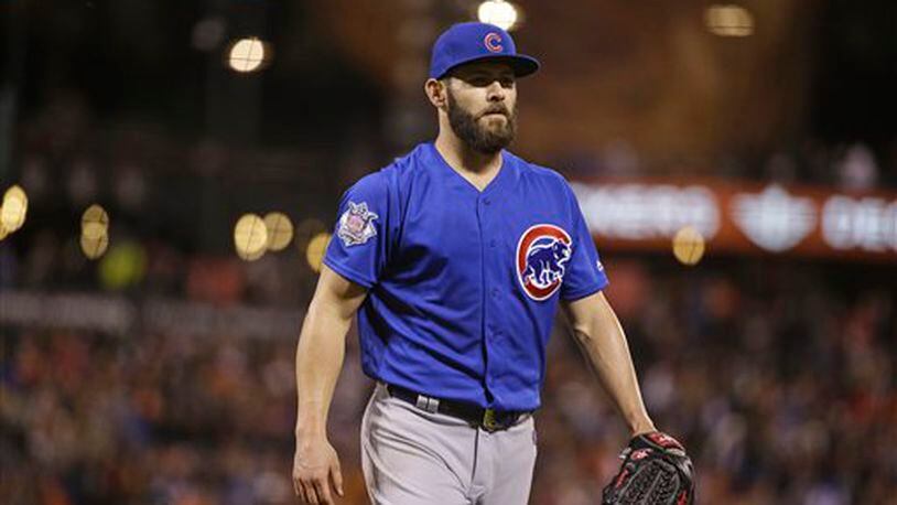 Chicago Cubs starting pitcher Jake Arrieta walks to the dugout after pitching in the seventh inning of their baseball game against the San Francisco Giants Friday, May 20, 2016, in San Francisco. (AP Photo/Eric Risberg)