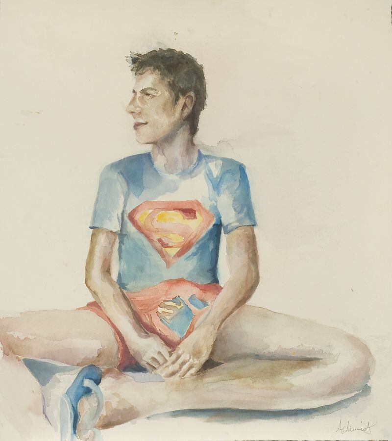 Abbie Merritt’s “Super Man (Josh),” a 2011 watercolor on paper, will be included in the High Museum of Art exhibit “Sprawl: Drawing Outside the Lines.”